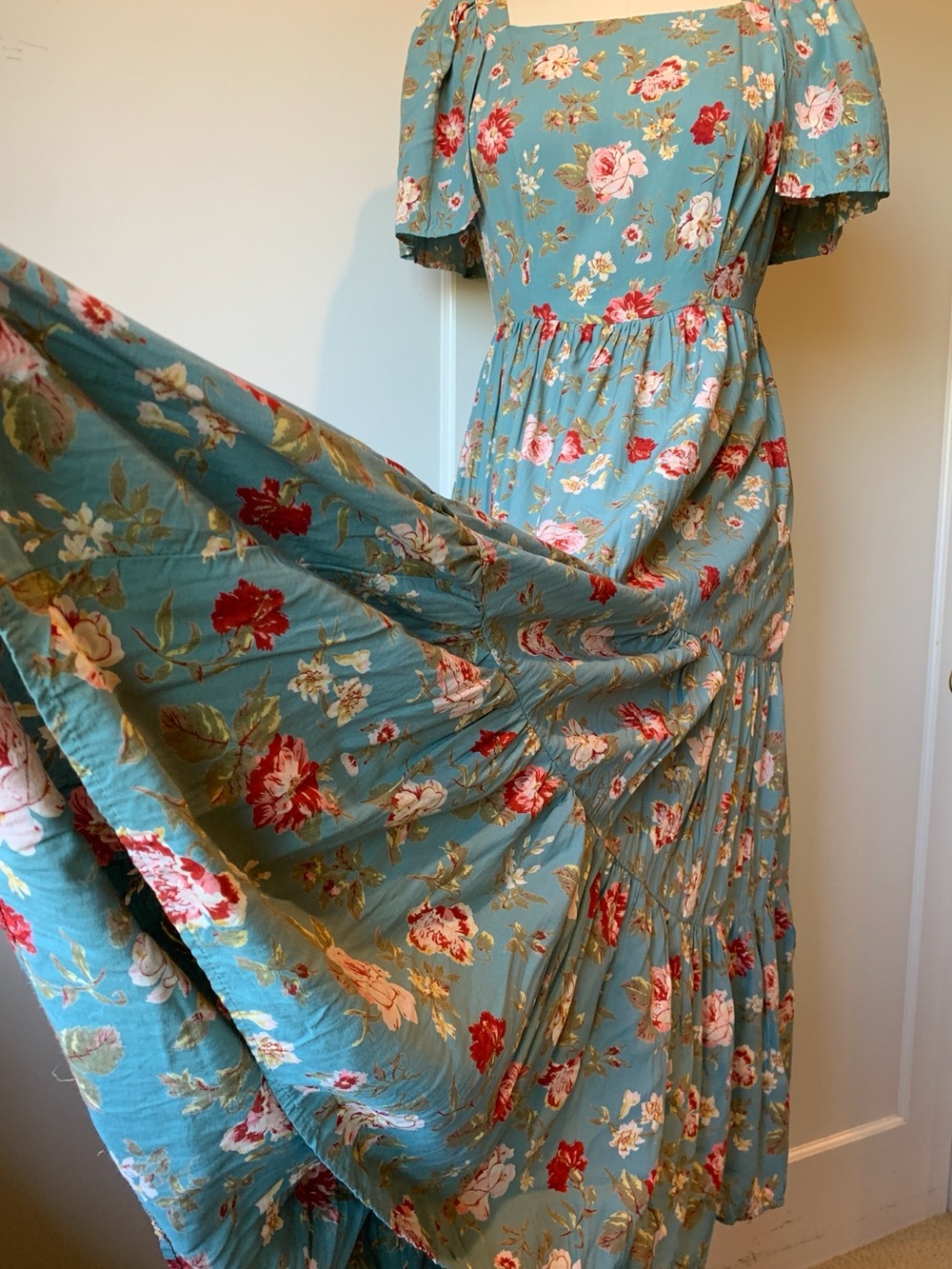 90’s Rayon Tiered Maxi Dress in Sage with Red and Pink Rose Print